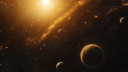 Naklejka premium View of the solar system from a cosmic perspective, surrounded by galactic light, with planets floating in outer space.