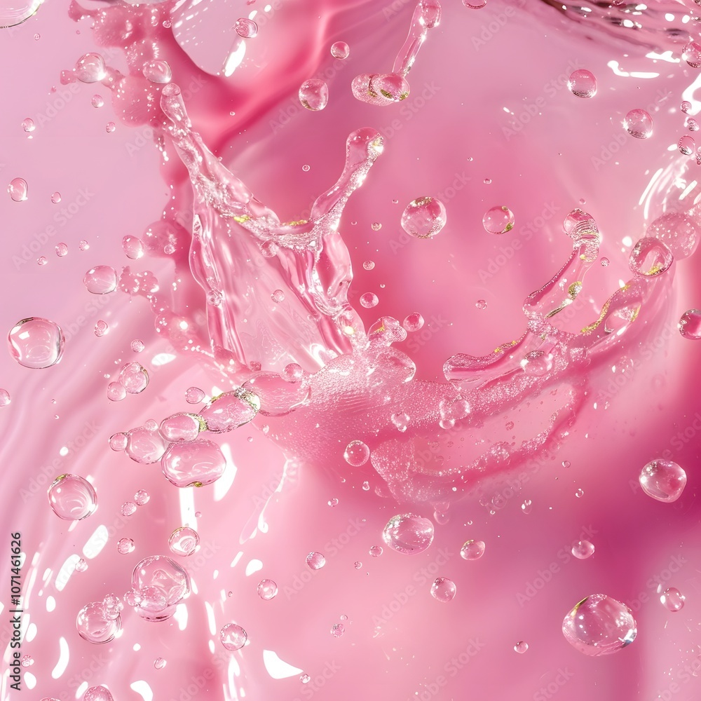 Poster a vibrant splash of pink liquid with bubbles, creating an abstract and dynamic visual effect.