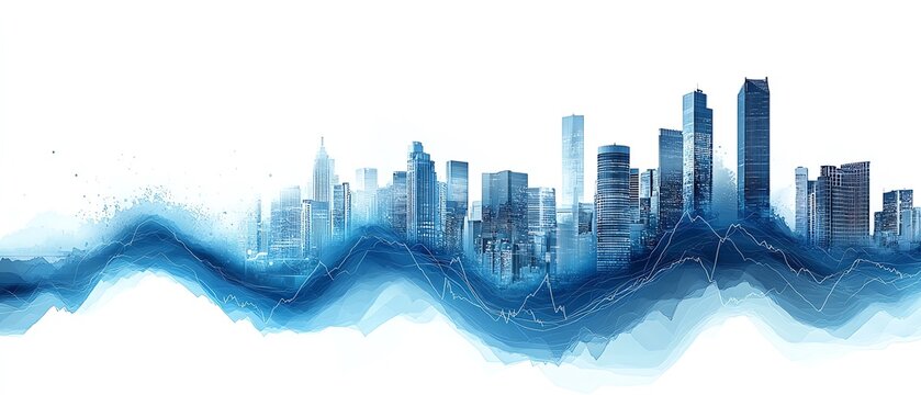 Upward trending stock market chart, blue color theme, buildings in the background, and a white sky, representing success and financial market growth