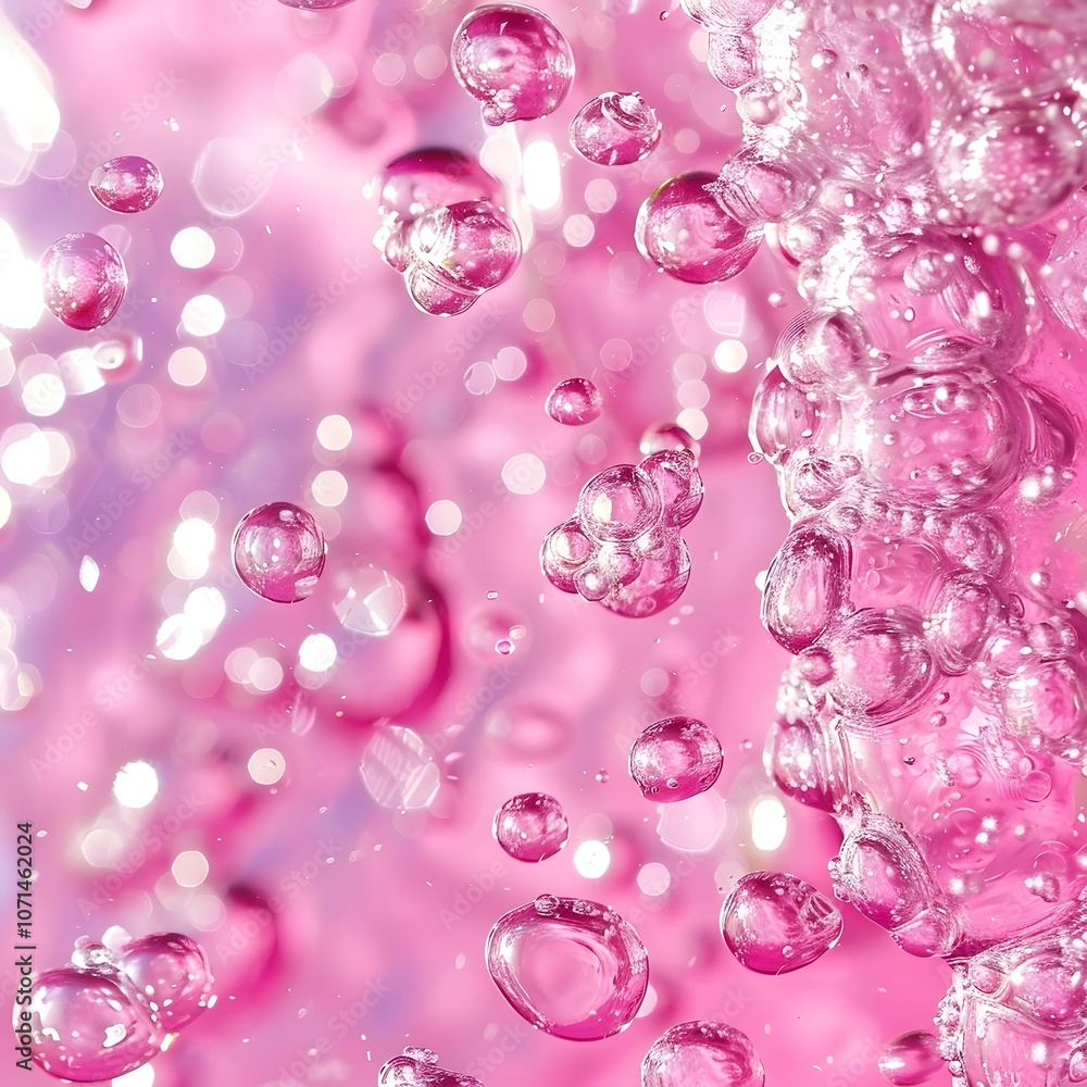 Poster a close-up of pink bubbles in liquid, creating a vibrant and sparkling effect.
