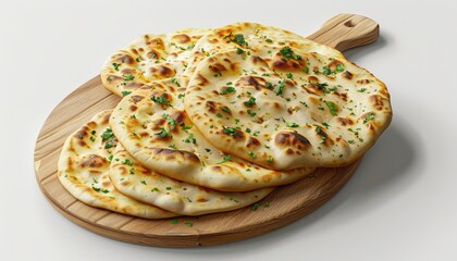 A stack of freshly baked naan bread with herbs on a wooden cutting board.