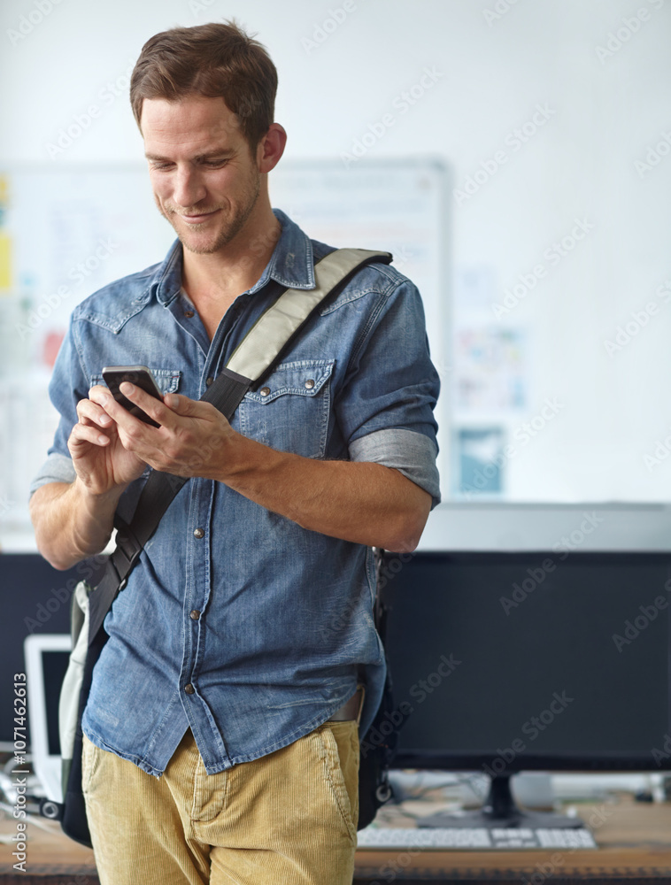 Fototapete creative, office and man with phone, typing and online chat for professional business connection at 