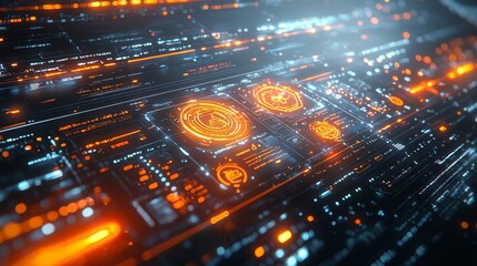 Obraz premium A vibrant digital landscape showcasing interconnected circuits and glowing elements in orange and blue tones, suggesting advanced technology and innovation.