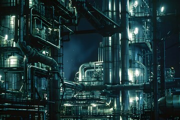 A complex industrial facility illuminated by night, showcasing pipes and machinery.