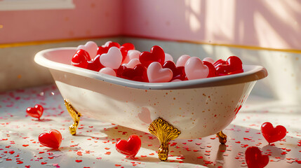 A bathtub full of heart-shaped balloons and confetti; Valentine's Day atmosphere