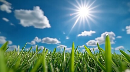 Obraz premium Sunny Day Grass Field with Blue Sky and White Clouds