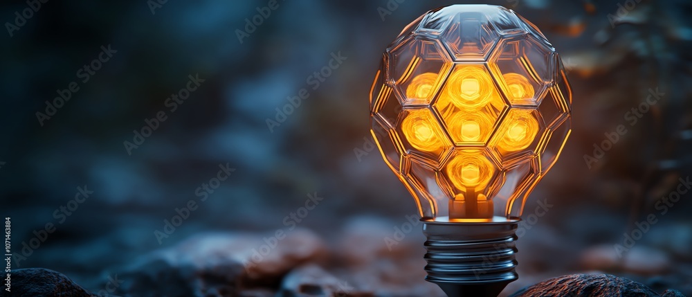 Aufkleber closeup of a unique lightbulb design with hexagonal led filaments, futuristic and stylish, cooltoned