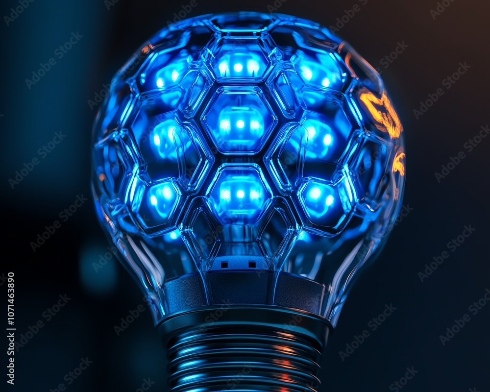 Poster closeup of a unique lightbulb design with hexagonal led filaments, futuristic and stylish, cooltoned