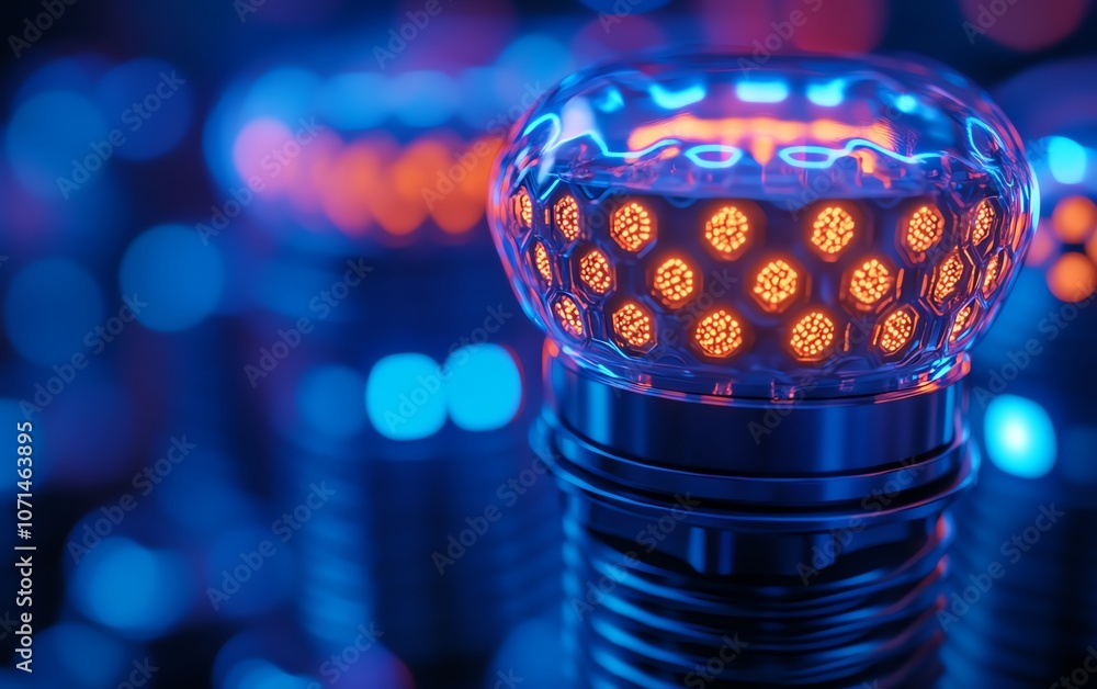 Poster closeup of a unique lightbulb design with hexagonal led filaments, futuristic and stylish, cooltoned