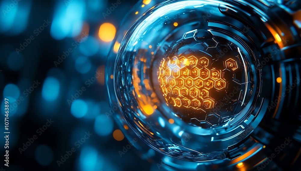 Poster closeup of a unique lightbulb design with hexagonal led filaments, futuristic and stylish, cooltoned
