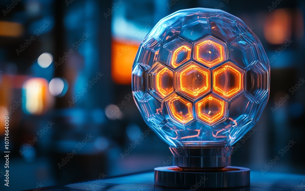 Poster closeup of a unique lightbulb design with hexagonal led filaments, futuristic and stylish, cooltoned