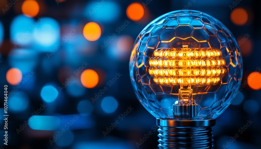 Poster closeup of a unique lightbulb design with hexagonal led filaments, futuristic and stylish, cooltoned