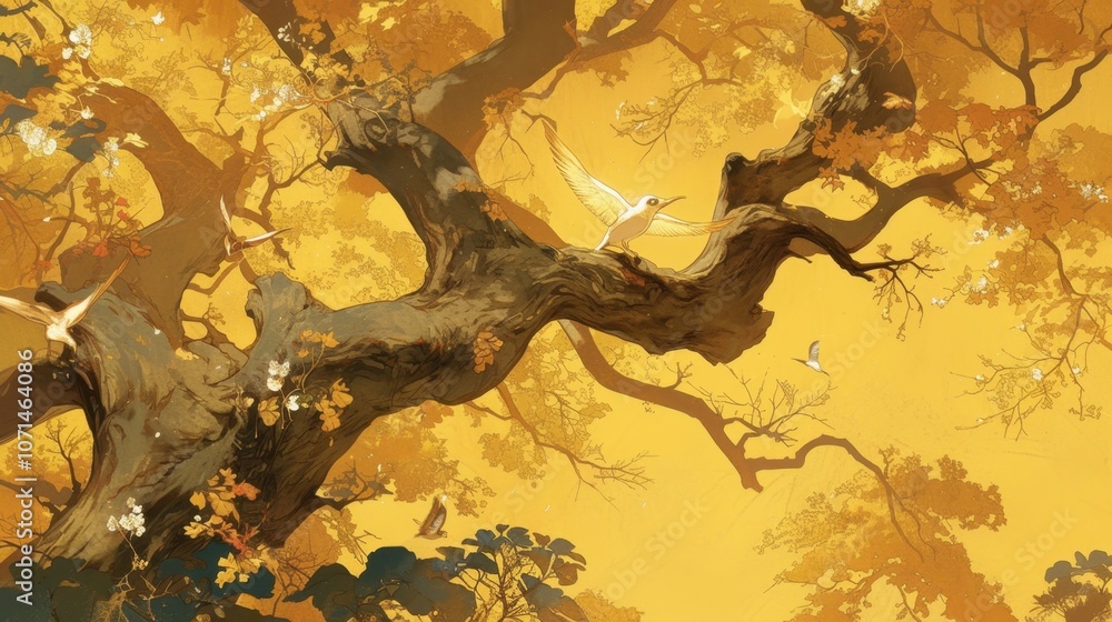 Poster in a quiet forest towering trees are adorned with intricate murals that tell the story of the season