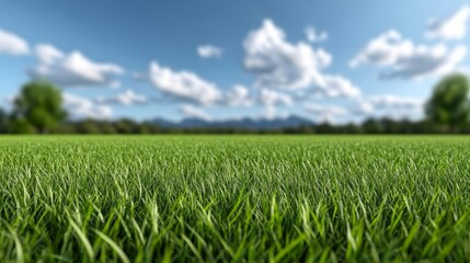 Fototapeta premium Lush Green Grass Field with Blue Sky and Fluffy Clouds Background