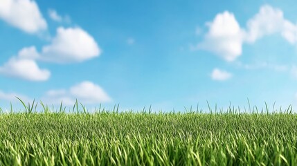 Obraz premium Lush Green Grass Field Under Blue Sky with White Clouds Nature Background