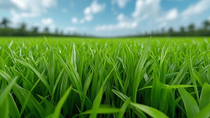 Obraz premium Lush Green Grass Field with Blurred Sky Background Nature Texture