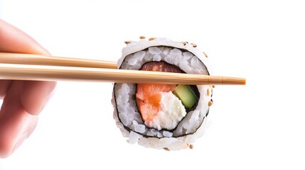 Enjoying a delicious sushi roll with chopsticks in a bright, well-lit setting
