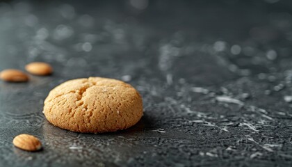 A single almond cookie rests on a dark gray background, with three almond nuts to the side.