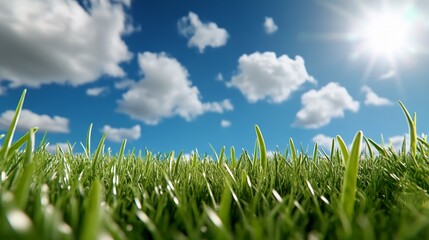Obraz premium Sunny Day with Green Grass and Blue Sky Background