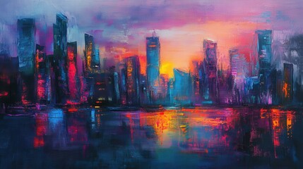 Obraz premium Painting of futuristic city skyline at dusk, luminous colors, modern and dynamic