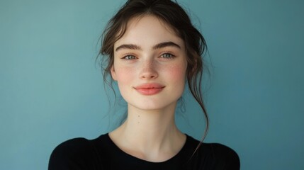 Fototapeta premium Young woman with clear skin and delicate features, softly smiling in front of a pastel blue background, representing natural elegance