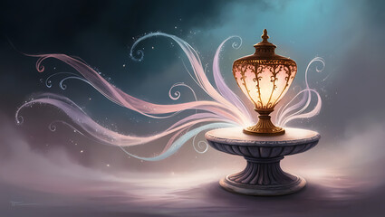 &ldquo;The Magical Lamp&rsquo;s Glow&rdquo; &ndash; Illustration of an Ancient Lamp Glowing with Magical Swirls of Light Around It