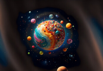 A colorful candy planet with swirls of color and many orbiting smaller planets.