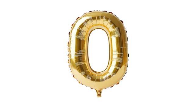  A gold foil balloon in the shape of the number 0 with white background.