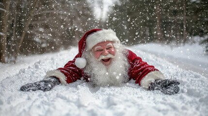 A joyful Santa Claus plays in the snow, surrounded by a winter wonderland, spreading holiday cheer amidst falling snowflakes.