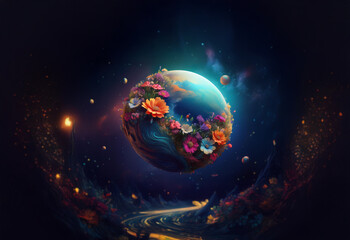 A glowing orb covered in vibrant flowers floats in a dark, starry expanse.