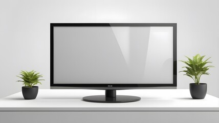 Fototapeta premium A modern minimalist workspace featuring an empty television set and vibrant green plants beneath soft ambient lighting. Generative AI