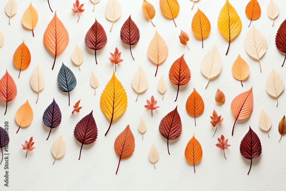 Poster a flat lay of colorful autumn leaves arranged in a pattern on a white background.