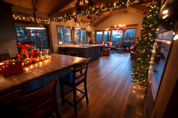 Weihnachtlich dekorierte K&uuml;che mit festlicher Beleuchtung und gem&uuml;tlicher Atmosph&auml;re