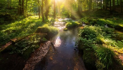 Obraz premium A tranquil forest stream, bathed in golden sunlight, creates a magical atmosphere.