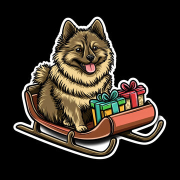 Keeshond Dog Sitting In A Sled With Gifts Cartoon Stock Photo
