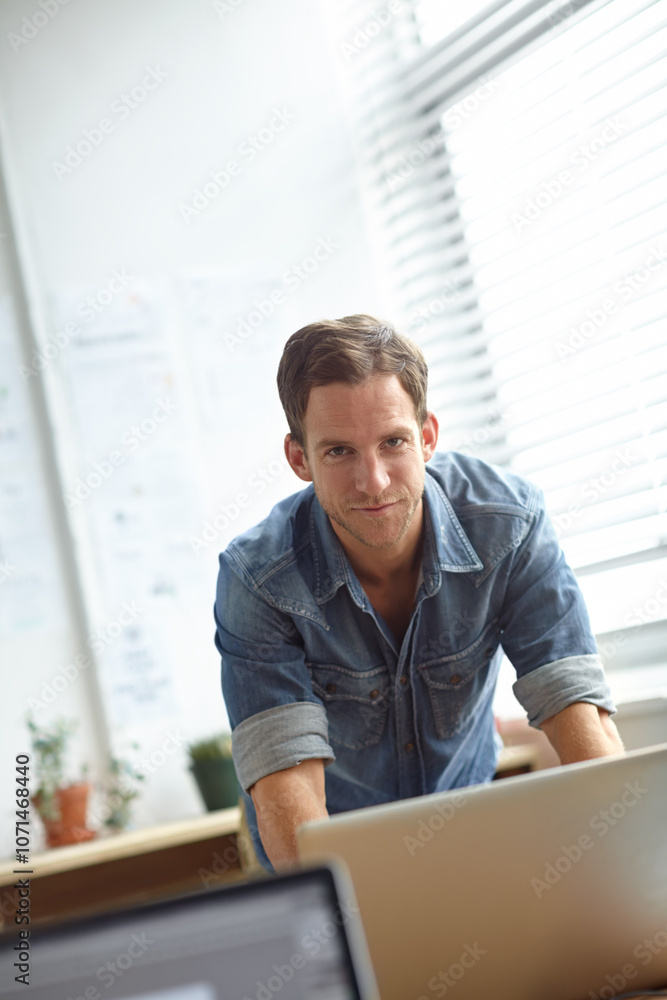 Poster man, laptop or portrait in office for research, tech support or internet problem solving. network er