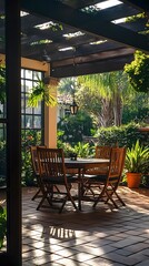 Fototapeta premium Serene outdoor dining area amidst lush greenery and warm sunlight.