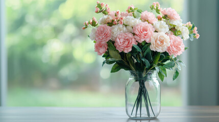 A beautiful bouquet of pink and white flowers arranged in a glass vase, set against a soft, blurred green background.