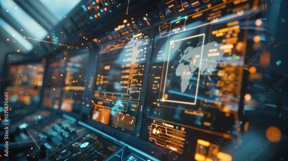 Poster complex digital interface showing a world map and various data streams, representing advanced techno