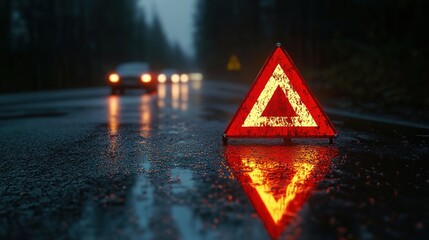 Rain soaked road reflecting the red light of an emergency triangle at night side view emphasizing the danger and alertness needed on wet roads