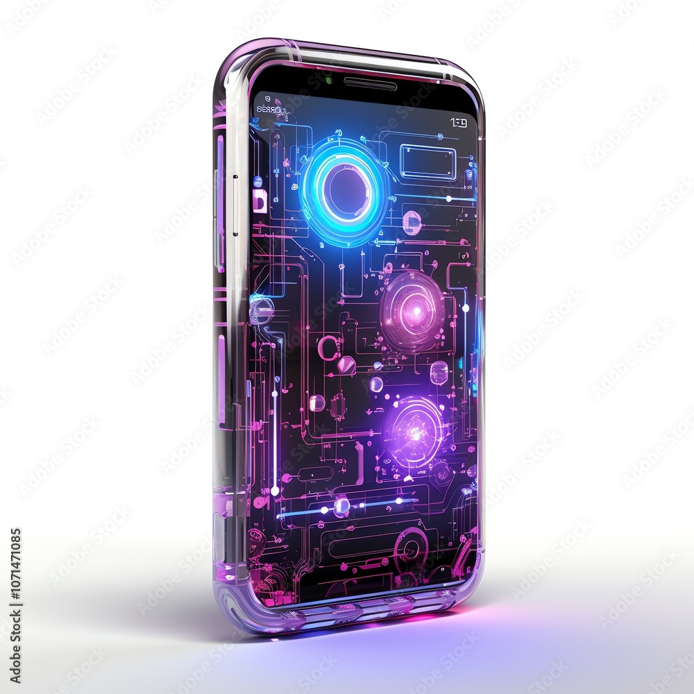 Poster a futuristic smartphone with a transparent case and a glowing neon circuit board design on the scree