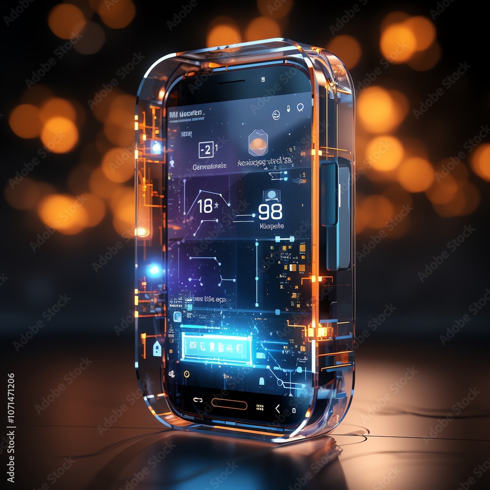 Poster a futuristic transparent smartphone with glowing blue and orange circuits and a digital display agai