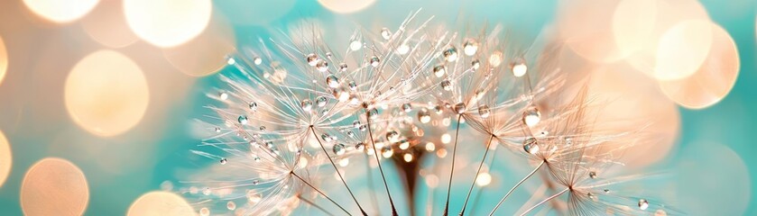 Macro shot of delicate dew drops on dandelion seed, glowing bokeh background, soft light, teal and gold tones, dreamy ethereal feel, high detail