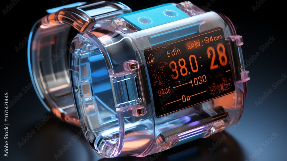 Poster A futuristic transparent smartwatch with a digital display showing the time.