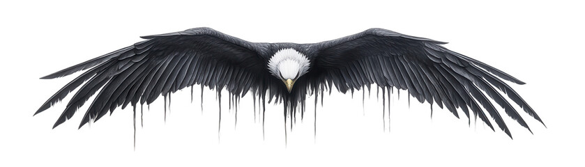 A black and white eagle with its wings spread out. transparent background