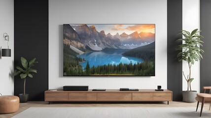 Modern living room showcasing a stunning landscape on a large screen, blending nature with contemporary design during golden hour. Generative AI