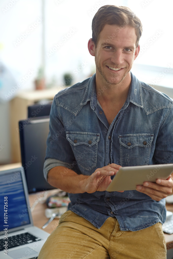Poster design, office and portrait of happy man with tablet, online schedule or business connection at agen