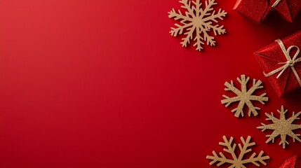 Red background with wooden snowflakes and gifts, perfect for Christmas or winter holidays.