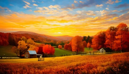 Fototapeta premium Autumn Sunset Landscape with Farmhouse and Fields