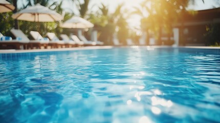 Clear blue water glistening in the evening sun beside a tranquil swimming pool